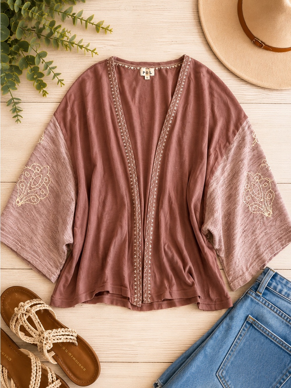 POL Dusty Rose Embroidered Boho Kimono Cardigan | Size Small